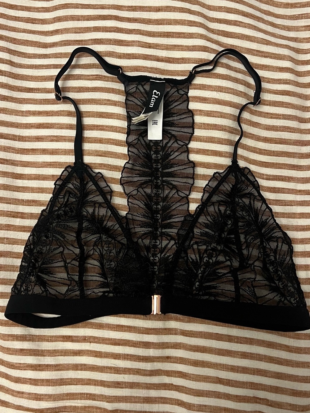 Etam Black Bralette 32B Racerback Sheer Lace Whimsigoth